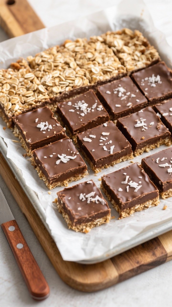 Tasty top view: Overhead shot of the fully set No-Bake Chocolate Oat Bars sliced into uniform square