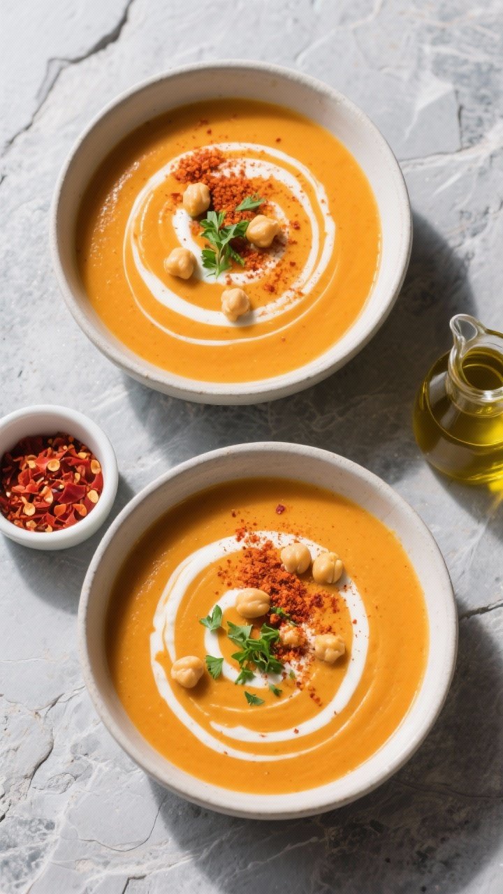 Tasty top view: Overhead shot of two bowls of the finished soup on a cool gray stone backdrop, showi