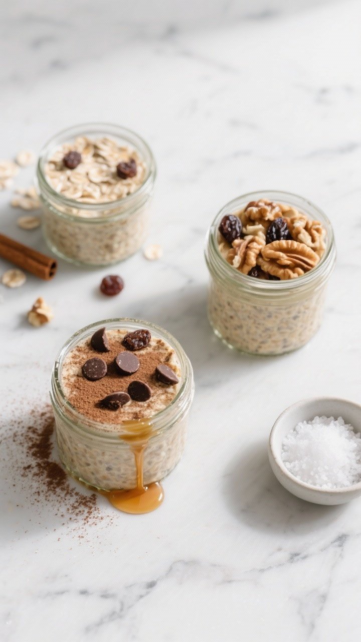 Tasty top view: Overhead shot of two chilled jars of the final oats, one topped “Chocolate Chip Co