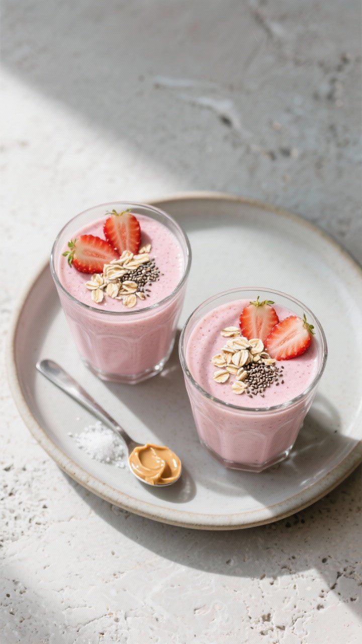 Tasty top view: Overhead shot of two finished Strawberry Oat Smoothies in simple glass tumblers on a
