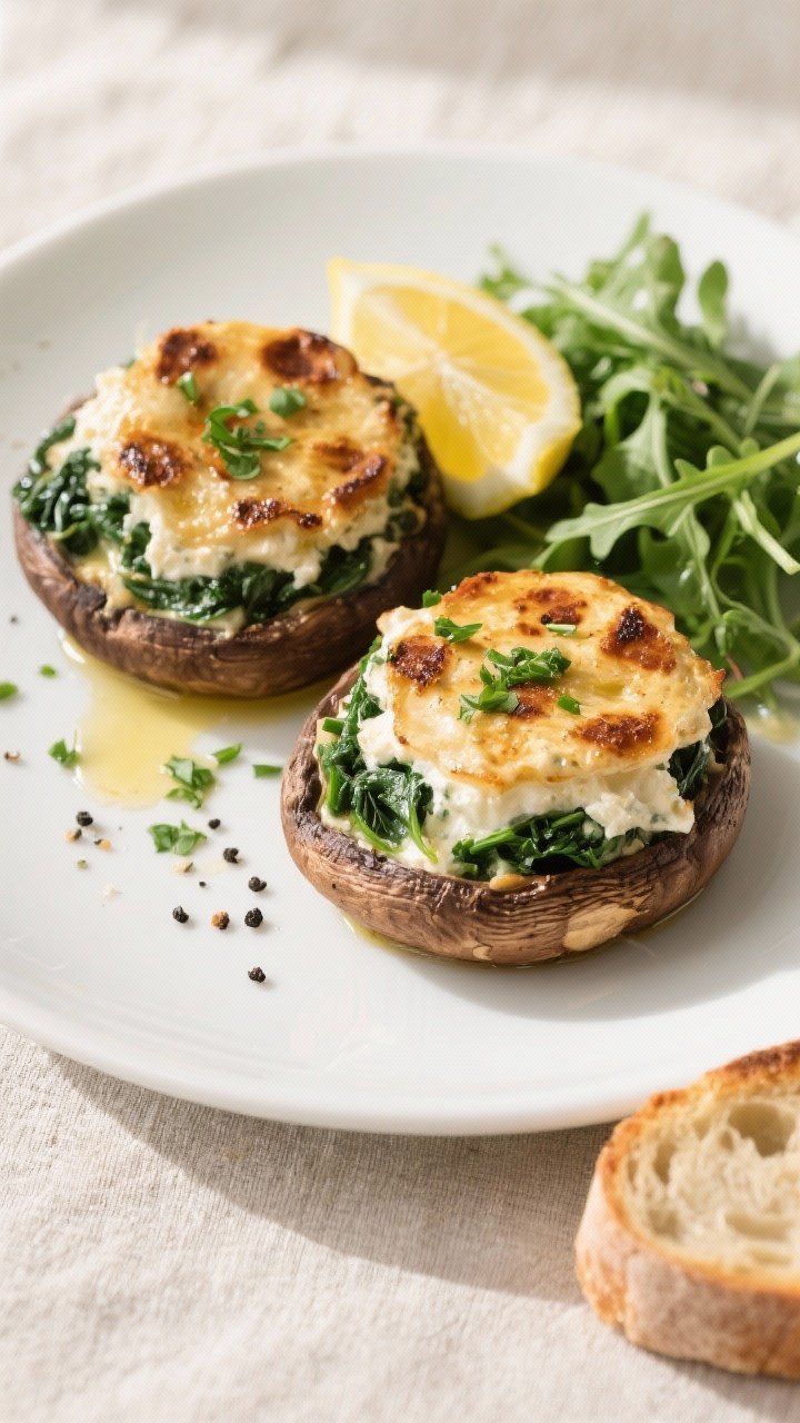 Tasty top view: Overhead shot of two plated ricotta & spinach stuffed portobellos as a main dish, on
