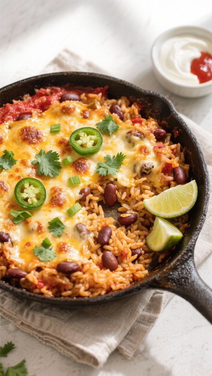 Tasty top view, post-bake: Overhead shot of the Tex-Mex rice bake just out of the oven in a cast-iro