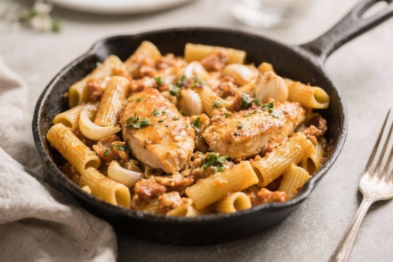 One-Pan High-Protein Garlic Chicken Rigatoni – Hearty, Simple, and Satisfying