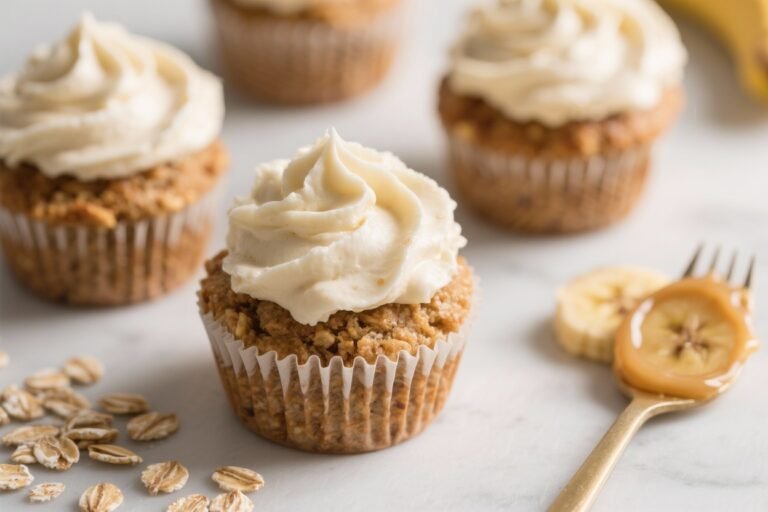 High-Fiber Banana Oat Cupcakes with Maple Yogurt Frosting – A Light, Wholesome Treat