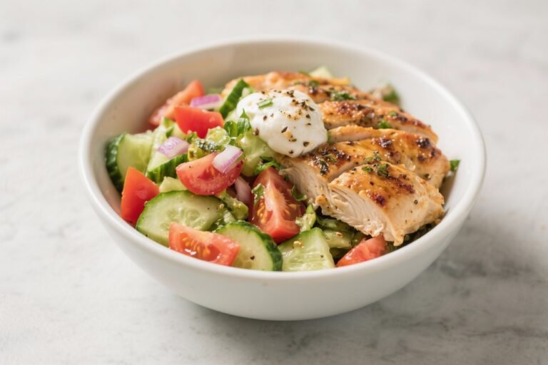 Greek-Inspired Chicken Bowl With Cucumber Tomato Salad – Fresh, Bright, and Satisfying