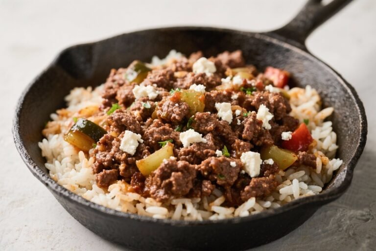 Mediterranean Ground Beef Skillet With Rice and Feta – A Weeknight Favorite With Bright Flavor