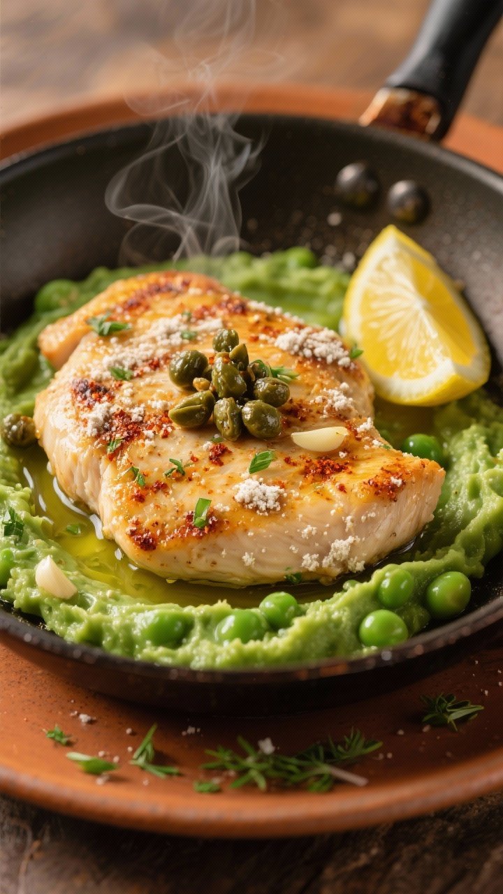 45-degree action shot: Golden lemon-herb chicken cutlets just seared in a skillet, lightly dusted with flour seasoned with garlic powder and smoked paprika, topped with crispy capers; bright green pea smash spread beneath the chicken, lemon wedges and a drizzle of olive oil to finish; served on a warm-toned ceramic plate with scattered chopped herbs, steam faintly visible.