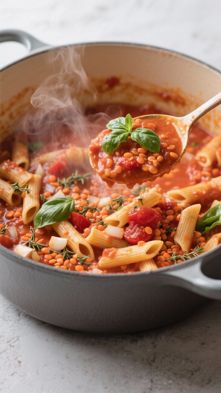 45-degree angle action shot of one-pot red lentil tomato pasta simmering: a deep pot with a creamy tomato sauce made from crushed tomatoes, red lentils, minced onion, garlic, dried oregano, and a hint of red pepper flakes; short pasta just tender, sauce clinging to each piece; steam rising, ladle lifting a scoop to reveal cozy, velvety texture; garnished with torn basil for color.