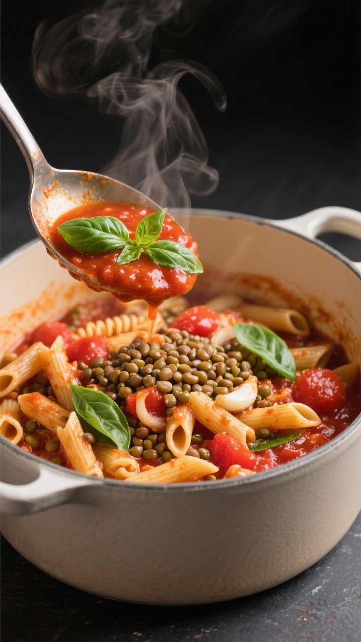 45-degree angle action shot of one-pot tomato basil lentil pasta: short pasta (penne/rotini) and small brown/green lentils simmered in crushed tomatoes with onion and garlic, finished glossy with olive oil and fresh basil ribbons; a ladle lifting a saucy scoop from the pot, steam visible; vibrant reds and greens, hearty Italian comfort.