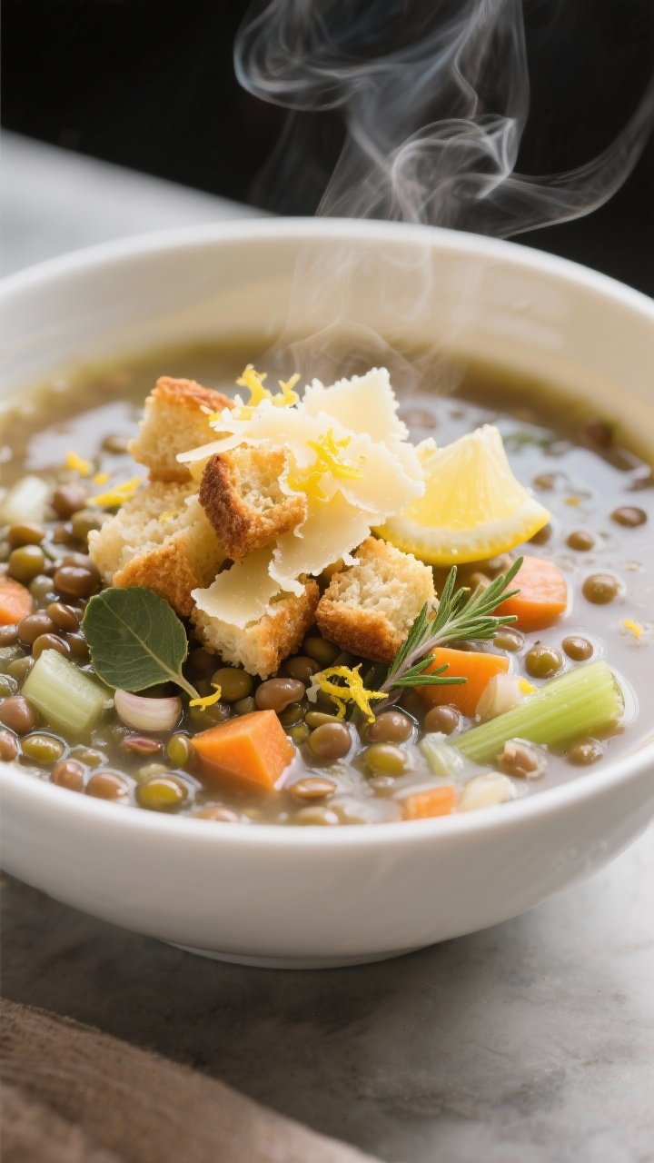 45-degree angle bowl shot of herby lentil and lemon soup: broth-clear yet hearty with brown/green lentils, diced carrots and celery, onion, garlic, thyme and bay; garnished with lemon zest and a squeeze of lemon; parmesan croutons piled on top, golden and cheesy; gentle steam, inviting and bright.