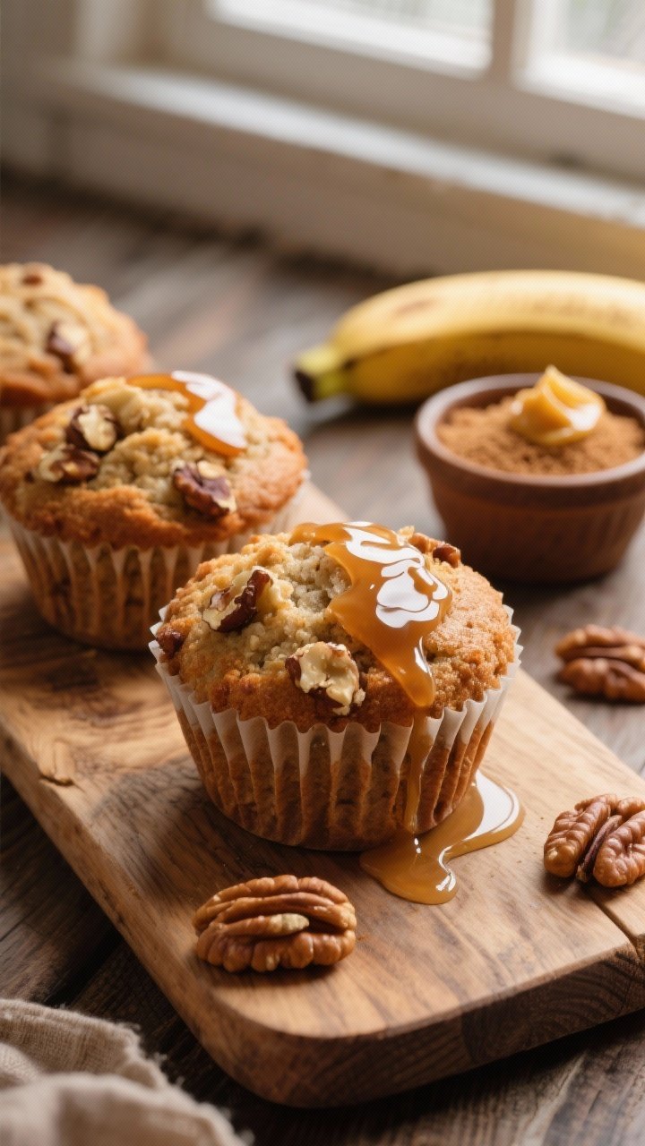 45-degree angle close-up of banana walnut muffins on a rustic wooden board, crumb tender and moist with visible walnut pieces, glossy maple browned butter brushed on top and a light drizzle pooling, props include a ramekin of packed brown sugar, a pat of browned butter, and ripe bananas; warm tones, soft window light, shallow depth of field emphasizing texture.