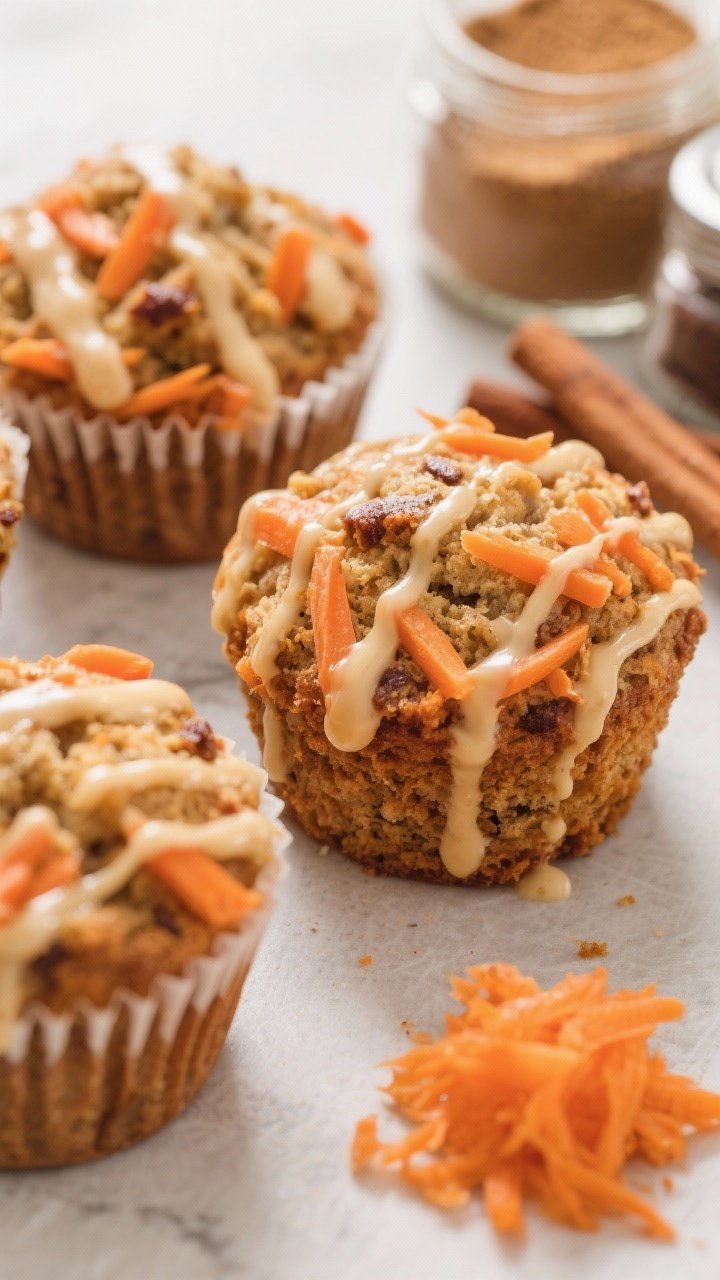 45-degree angle close-up of carrot cake morning muffins with visible orange carrot shreds and specks of cinnamon and ginger, drizzled with creamy maple glaze; props include a small pile of grated carrot, brown sugar, and spice jars; warm inviting tones, soft highlights, focus on moist crumb and drizzle.