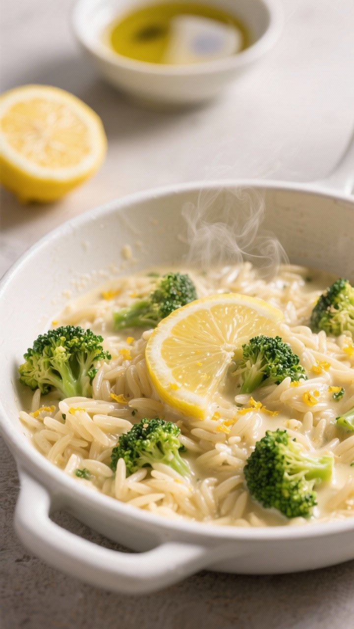 45-degree angle close-up of creamy lemon broccoli orzo in a shallow white skillet: tender orzo bathed in glossy lemony sauce with small broccoli florets folded in, visible lemon zest, micro steam rising; a halved lemon and a small bowl of vegetable broth in the background, olive oil sheen catching light; cozy, soft highlights, minimal props.