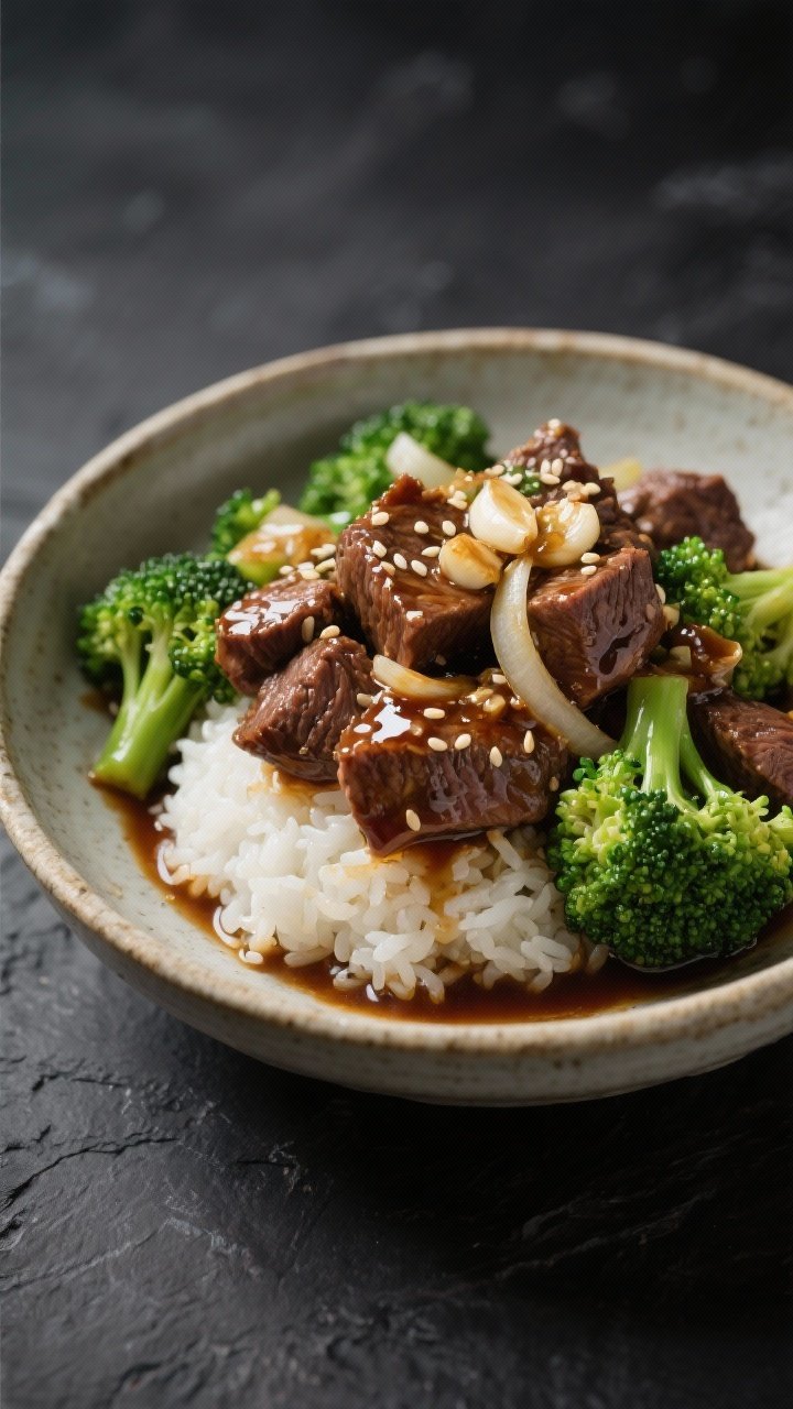 45-degree angle close-up of Korean-inspired beef and broccoli plated in a shallow ceramic bowl: succulent chunks of beef chuck roast glistening in a soy sauce–beef broth–honey glaze with minced garlic and thinly sliced onion, bright green broccoli florets with sesame seeds sprinkled; served over a small mound of white rice; lacquered sheen, rich umami tones, dark slate background for contrast.