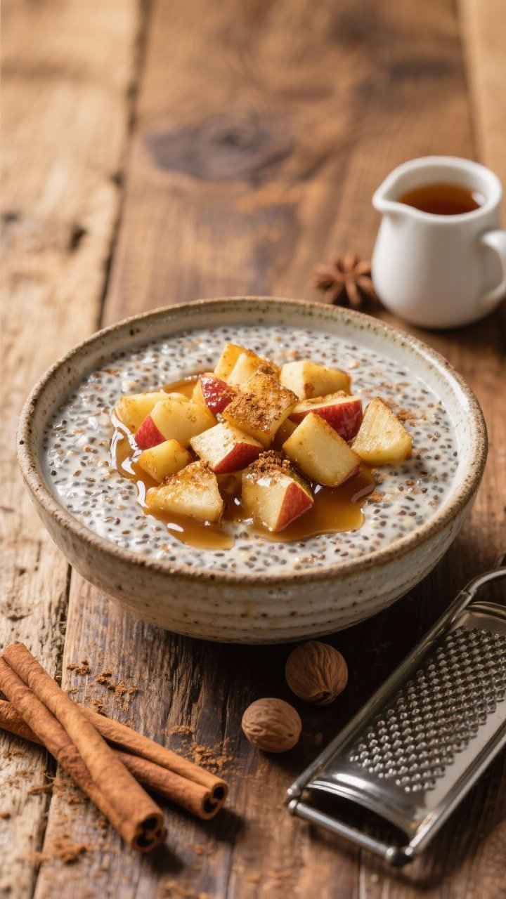 45-degree angle cozy scene of apple pie chia pudding in a rustic ceramic bowl: cashew milk chia base infused with vanilla, cinnamon, and nutmeg, crowned with warm sautéed apple cubes (soft golden edges), a maple syrup drizzle, and a light sprinkle of extra cinnamon; props include a cinnamon stick bundle, microplane grater with nutmeg, and a small pitcher of maple syrup on a wooden table.
