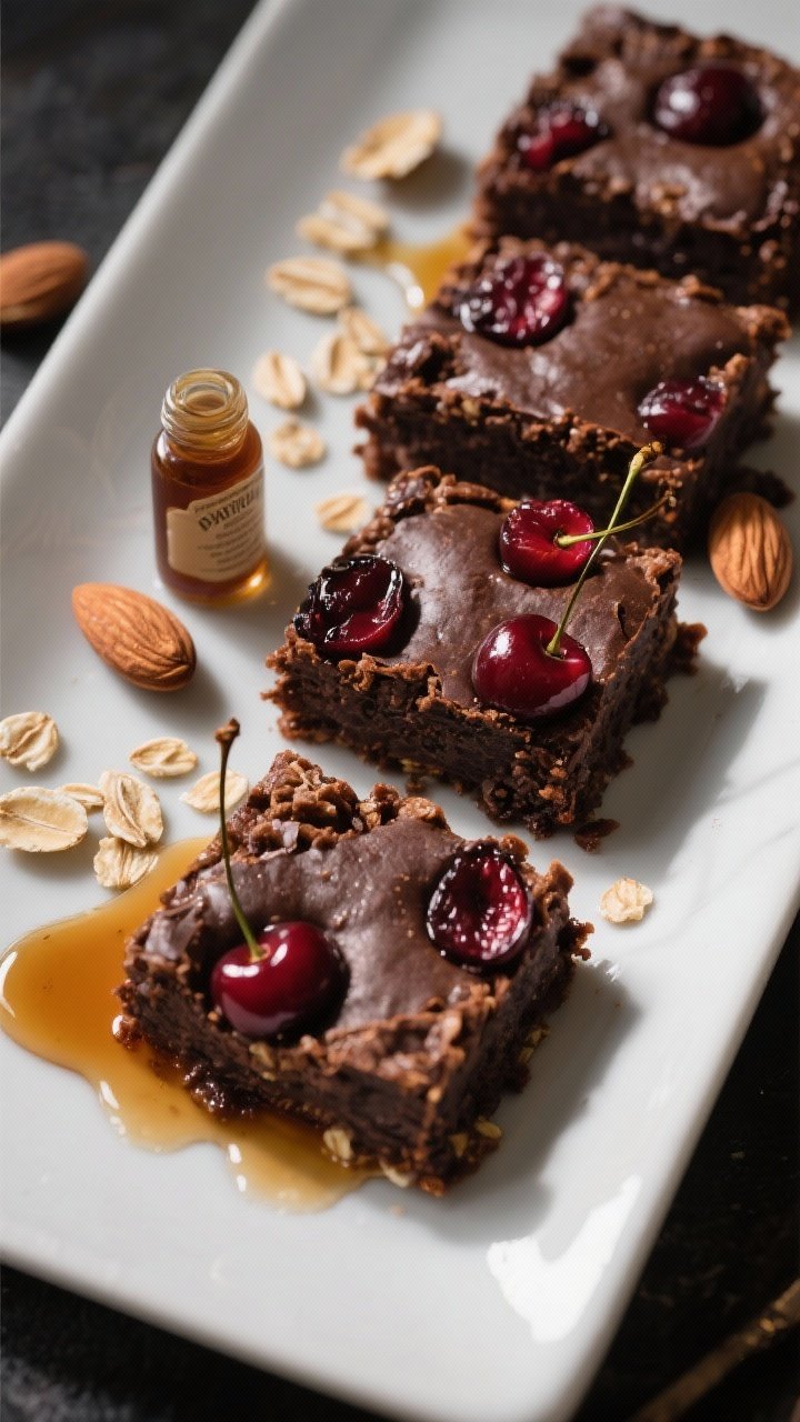 45-degree angle dessert-style presentation of chocolate cherry almond baked oatmeal: dark cocoa-rich squares with juicy cherry halves studded throughout, lightly glossy top; almond extract bottle and scattered toasted almond slices as garnish; a drizzle of warm maple syrup pooling on the plate; dramatic lighting to highlight chocolate sheen and cherry vibrance.
