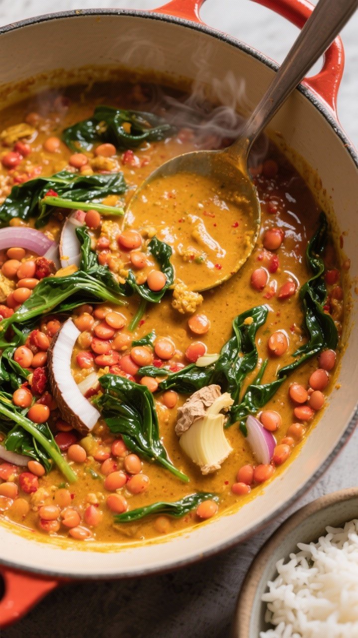 45-degree angle one-pot lentil and spinach coconut curry: creamy golden-orange sauce with red curry paste and turmeric, tender red lentils and wilting spinach ribbons swirled through, hints of onion, garlic, and ginger peeking out, served in a wide pot with a ladle, steam and glossy coconut sheen visible, side bowl of rice partially in frame, warm, cozy tones.