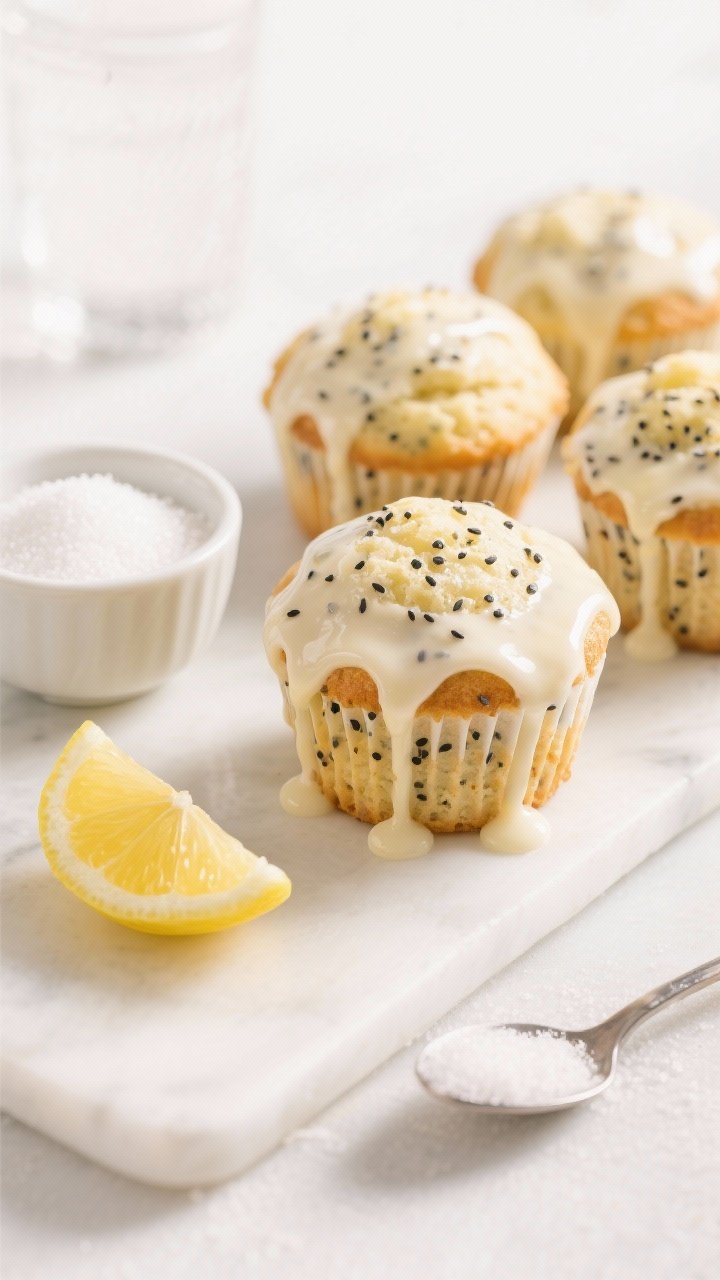 45-degree angle plated lemon poppy seed muffins with a glossy yogurt glaze dripping down the sides, poppy seeds speckling the tender crumb; props: halved lemons, a small bowl of granulated sugar, and a spoon with glaze; bright, airy scene with high key lighting and crisp focus on the glaze texture.