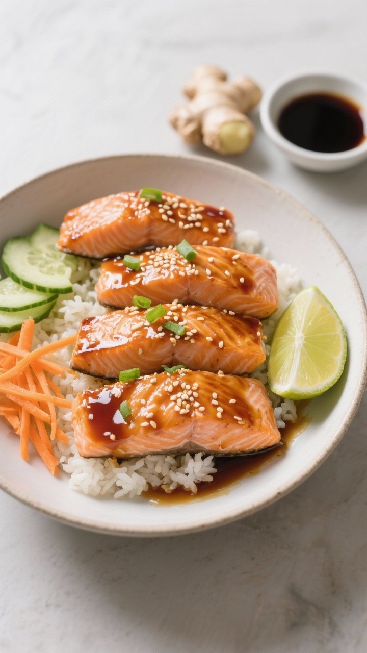 45-degree angle plated salmon bowl: four glossy sesame-ginger glazed salmon fillets with visible sesame seeds, served over fluffy rice with crunchy elements (cucumber slices and shredded carrot), drizzle of soy-honey-ginger sauce pooling slightly, sprinkled with scallions, lime wedge on the side, small dish of tamari and a nub of fresh ginger in frame, soft directional light for shine.