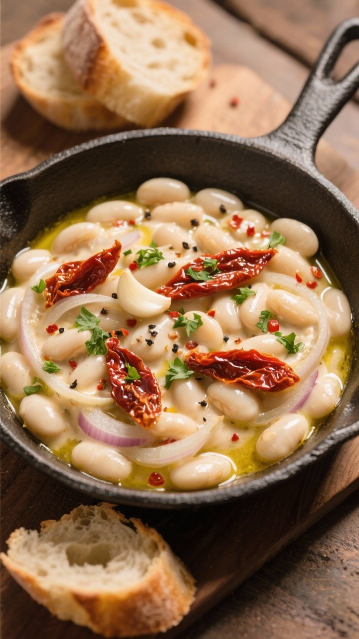 45-degree angle plated scene of a creamy Tuscan white bean skillet in a wide, shallow cast-iron pan: cannellini beans simmered in olive oil with thinly sliced onion, minced garlic, red pepper flakes, and ribbons of sun-dried tomatoes, finished glossy and silky with a light creamy sauce; garnished with chopped parsley and cracked black pepper, warm golden light, rustic Italian mood, crusty bread slices nearby for dipping.