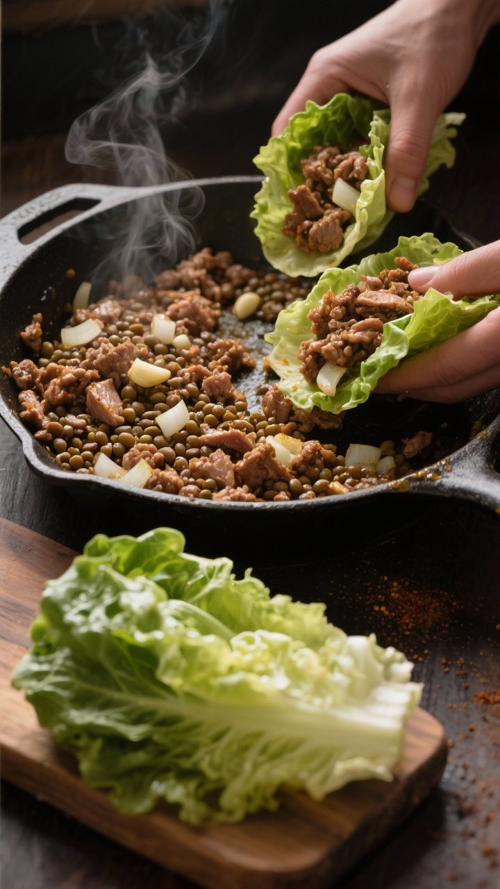 45-degree angle process shot of Smoky Lentil and Turkey Lettuce Wraps being assembled: a skillet of browned lean ground turkey with diced onion and garlic, mixed with cooked brown lentils and a smoky spice sheen; in the foreground, large butter lettuce leaves ready to fill. Steam rising subtly, warm moody tones, olive oil glisten, romaine and butter lettuce stacked on a wood board, no hands, just the food mid-build.