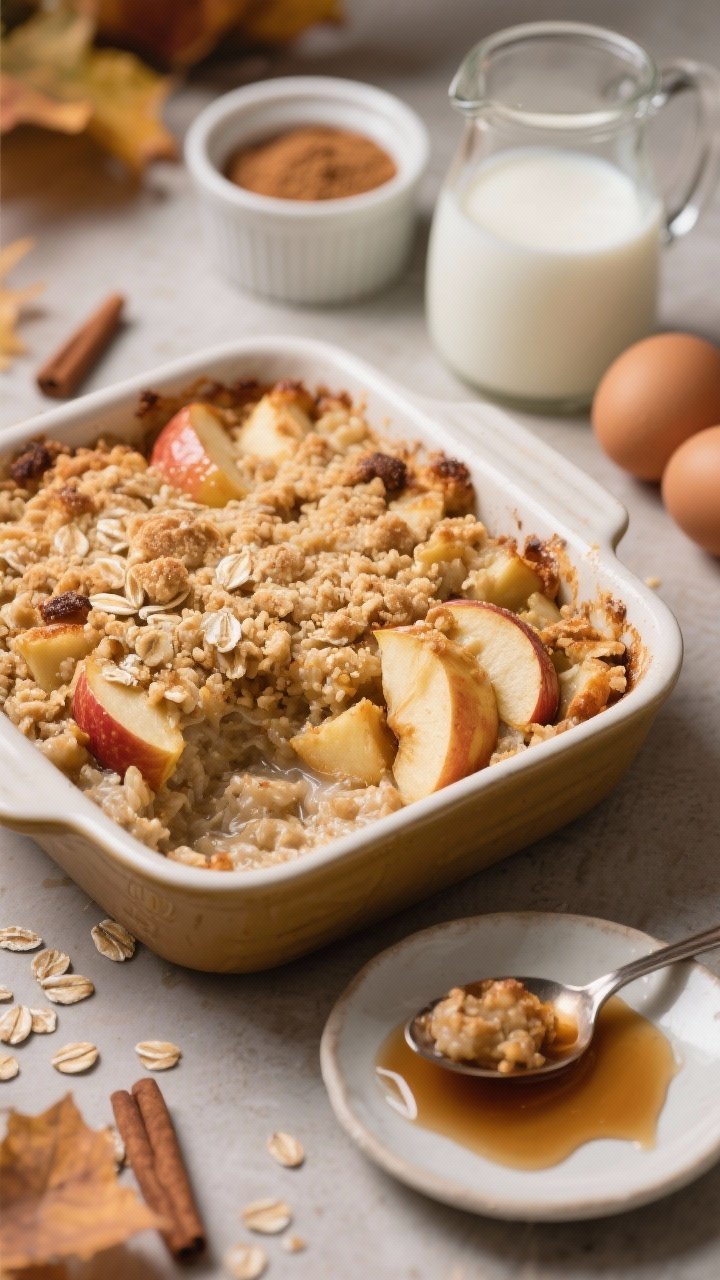 45-degree angle shot of apple pie baked oatmeal in a ceramic baking dish with a buttery crumble top, crisp and caramelized; tender apple chunks visible beneath the crumble, dusted with cinnamon and a hint of ground ginger; a spoonful plated on a small dish with drips of brown sugar syrup; props include a ramekin of brown sugar, a jug of milk, and whole eggs, cozy fall mood.