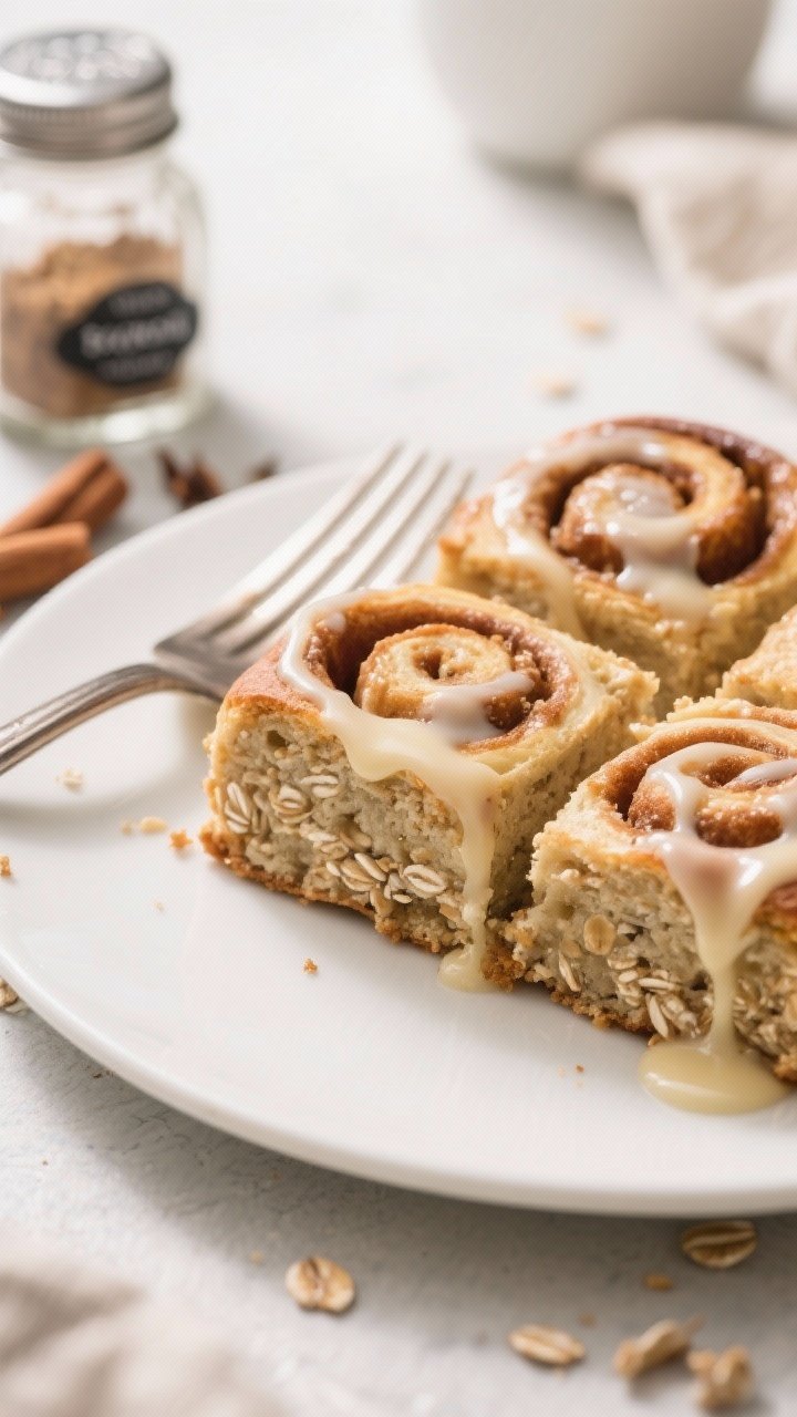 45-degree angle shot of cinnamon roll baked oatmeal sliced into generous squares, each piece topped with a gooey vanilla glaze dripping down the sides; cinnamon swirls visible within the oat crumb, optional cardamom noted by a labeled spice jar in the background; served on a simple white plate with a fork, soft morning light.