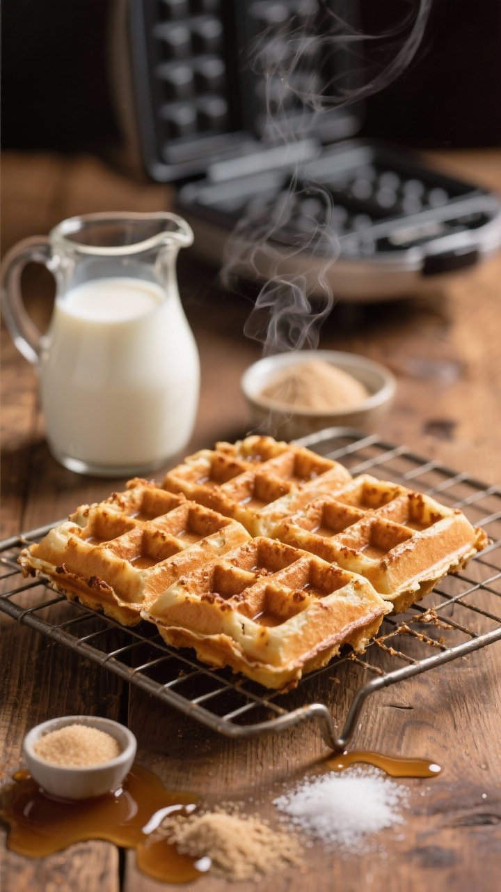 45-degree angle shot of golden sourdough discard waffles with deeply crisp edges, steam subtly rising; served on a cooling rack with a pitcher of buttermilk nearby, a small dish of sugar, and tiny mounds of baking powder, baking soda, and salt; drizzle of maple syrup pooling in the grid, styled on a warm wood surface with a waffle iron blurred in the background.