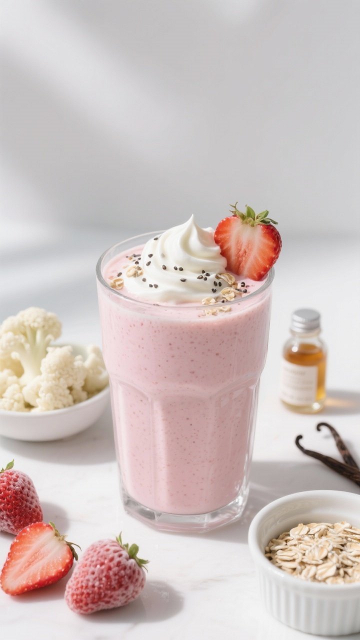 45-degree, bright and clean presentation of the Strawberry Shortcake smoothie with hidden cauliflower: pale pink smoothie in a clear glass, topped with a swirl of Greek yogurt, a sliced strawberry, and a sprinkle of oats and chia; ingredients visible around: frozen strawberries, a small bowl of frozen riced cauliflower, vanilla extract bottle, and a ramekin of oats; white backdrop, high-key lighting.