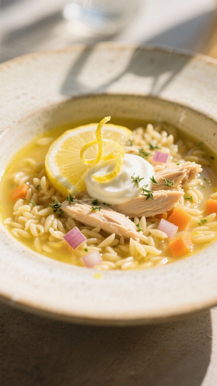 45-degree bright, zesty plating of Creamy Lemon Chicken Orzo Soup: golden broth with orzo pearls and shredded chicken, diced onion and carrot bits, dried oregano flecks, a swirl of cream, lemon wedges and zest curls on top; served in a light ceramic bowl with a drizzle of olive oil, sunlit scene to emphasize freshness.