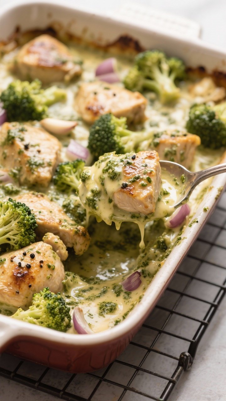 45-degree casserole reveal of Creamy Pesto Chicken and Broccoli Bake: bite-sized chicken thigh pieces seasoned with kosher salt and black pepper, seared in olive oil, mixed with broccoli florets, finely chopped onion, and garlic, coated in creamy pesto sauce and baked until bubbling with lightly browned spots; spoon lifting a cheesy, saucy portion to show tender texture, rustic baking dish on a wire rack.