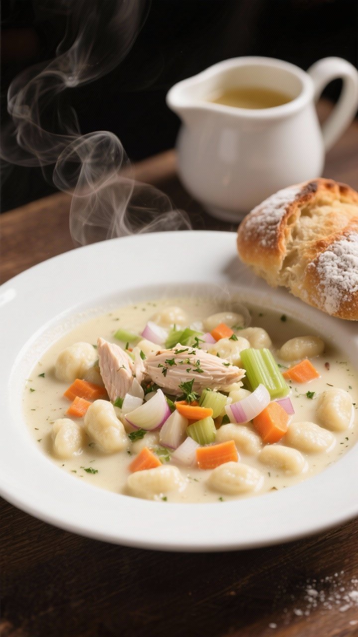 45-degree cozy bistro-style presentation of Creamy Chicken Gnocchi Soup: pillowy gnocchi, diced onion, carrots, celery, minced garlic, Italian seasoning flecks suspended in a creamy broth; steam curling up, rustic bread on the side, flour dusting and a small pitcher of chicken stock in the background to hint at the base.