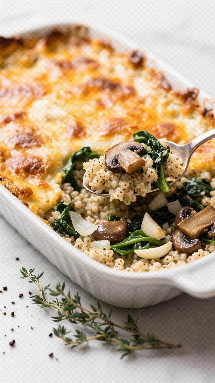 45-degree gratin dish of Cheesy Quinoa, Greens, and Mushroom Bake: quinoa bound in a creamy, cheesy mixture with sautéed cremini mushrooms, diced onion, garlic, and baby greens, topped with a bubbling browned cheese crust; spoon revealing tender, nutty quinoa and glossy mushrooms beneath; styled with thyme sprigs and a light dusting of black pepper.