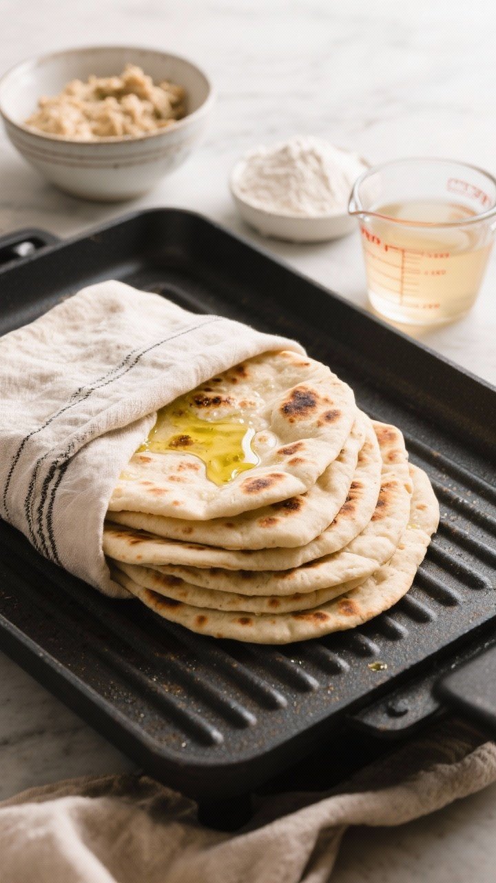 45-degree griddle scene of quick sourdough discard flatbreads puffing with light char spots, brushed with olive oil; stack of finished flatbreads wrapped in a linen, ready for wraps and dips; include a bowl of sourdough discard, all-purpose flour, baking powder, salt, and a measuring cup of warm water; bright, clean light to emphasize softness and flexibility.