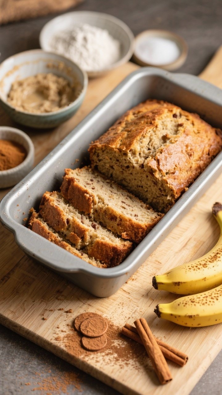 45-degree loaf-pan shot of sourdough discard banana bread just sliced, showing moist, tender crumb with cinnamon speckles; a few banana coins and a dusting of cinnamon on the cutting board; include ingredient cues: a bowl with sourdough discard, all-purpose flour, baking soda, baking powder, salt, ground cinnamon, and a small dish of granulated sugar; warm, cozy afternoon light.