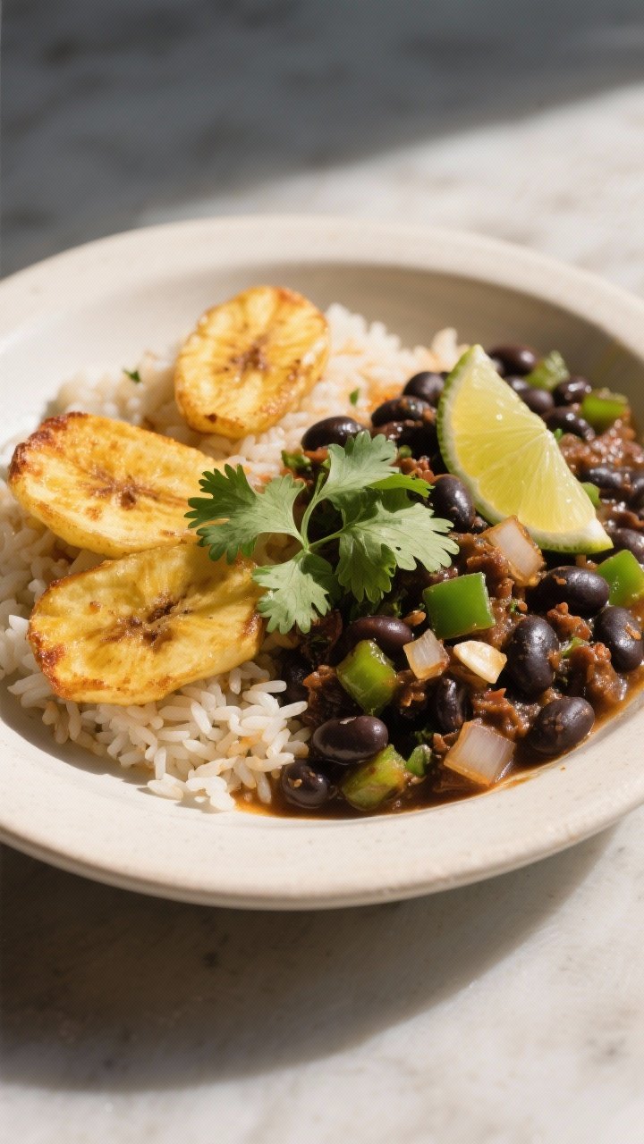 45-degree plated Cuban-inspired black bean picadillo with plantain rice: a shallow bowl with fragrant rice studded with golden pan-fried plantain slices, alongside saucy black beans cooked with finely chopped onion, diced green bell pepper, minced garlic, ground cumin, oregano, and smoked paprika; garnished with cilantro and lime wedge, glossy sheen on beans, warm tropical mood.