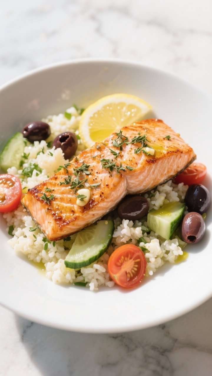 45-degree plated presentation of Greek Salmon Bowls: seared skin-on salmon fillets brushed with olive oil, dried oregano, garlic powder, kosher salt and black pepper, resting over lemon-herb cauliflower rice (riced cauliflower tossed with lemon and herbs), garnished with cucumber, cherry tomatoes, Kalamata olives, and a drizzle of olive oil; bright Mediterranean tones, clean white bowl on a sunlit marble countertop.