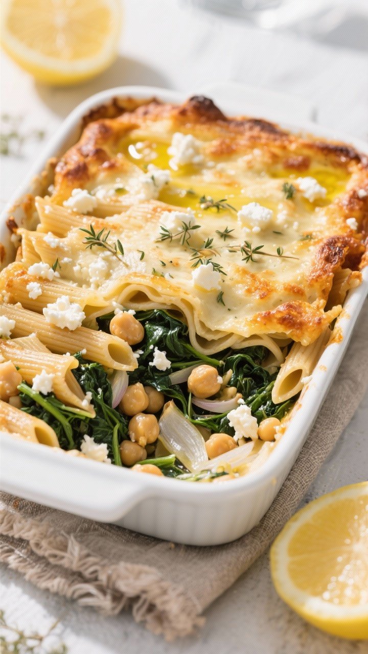 45-degree plated presentation of Greek Spinach, Feta, and Chickpea Pastitsio Bake: whole-wheat penne layered with garlicky sautéed onion, chickpeas, and wilted spinach, speckled with crumbled feta; golden top with lightly browned edges, drizzle of olive oil and a sprinkle of dried oregano; served in a white ceramic baking dish with a rustic linen and lemon wedges, bright Mediterranean daylight.