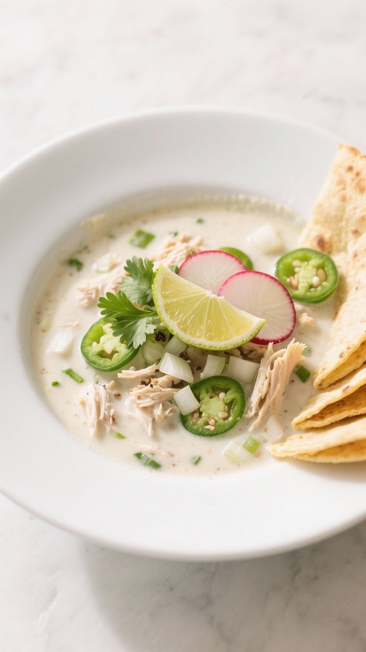 45-degree plated presentation of White Lightning Chicken Chili in a wide white bowl: creamy white broth with shredded chicken, diced onion, minced jalapeño, garlic, ground cumin and coriander, flecks of green chiles throughout; topped with thinly sliced radishes, cilantro leaves, and a squeeze of lime, with warm corn tortillas stacked at the side; bright, clean lighting to highlight pale greens and whites, minimal styling for a fresh Southwestern vibe.