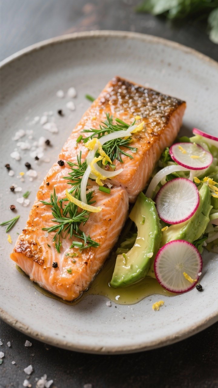 45-degree plated seafood shot: Herby salmon fillets, skin-on and crisp, sprinkled with chopped dill, chives, and lemon zest; paired with a radish-avocado salad—thin radish rounds and creamy avocado slices glistening with olive oil—finished with quick-pickled shallots draped on top; cracked black pepper and flaky salt visible on a matte stoneware plate.