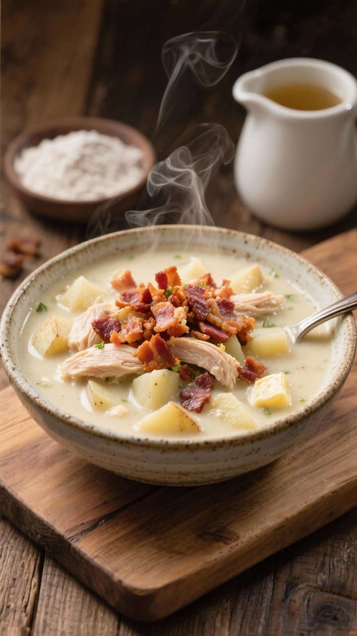 45-degree plated shot of Loaded Creamy Chicken and Potato Chowder in a rustic ceramic bowl: thick-cut bacon crumbles piled on top, creamy broth made with chicken broth, whole milk, and heavy cream, chunks of potato and chicken peeking through; steam rising, spoon trails showing thickness, butter gloss on bacon, set on a wooden board with a small dish of flour and a pitcher of broth in the background.