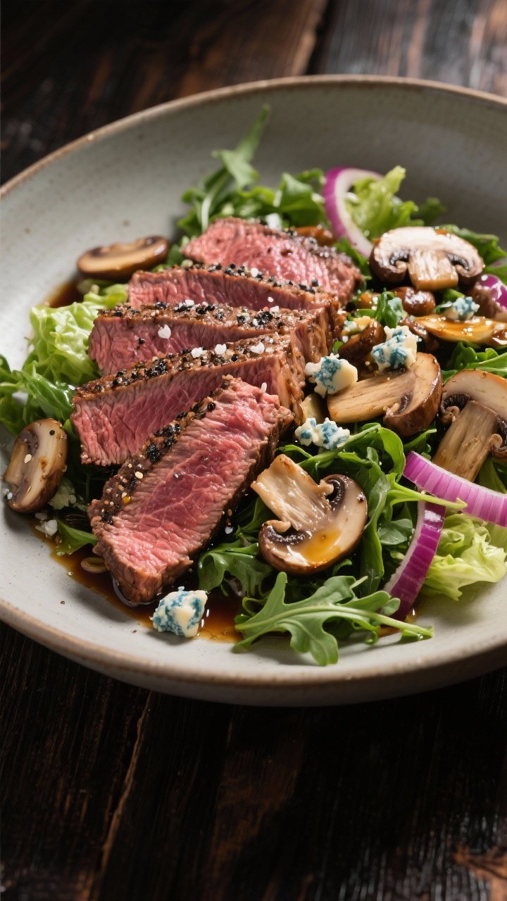 45-degree plated Steak and Mushroom Power Salad: medium-rare sliced flank/sirloin steak seasoned with kosher salt and black pepper, fanned over sautéed cremini mushrooms, peppery arugula and chopped romaine, thinly sliced red onion, crumbles of blue cheese, and a drizzle of vinaigrette; served in a wide shallow bowl, dark wood background for contrast.