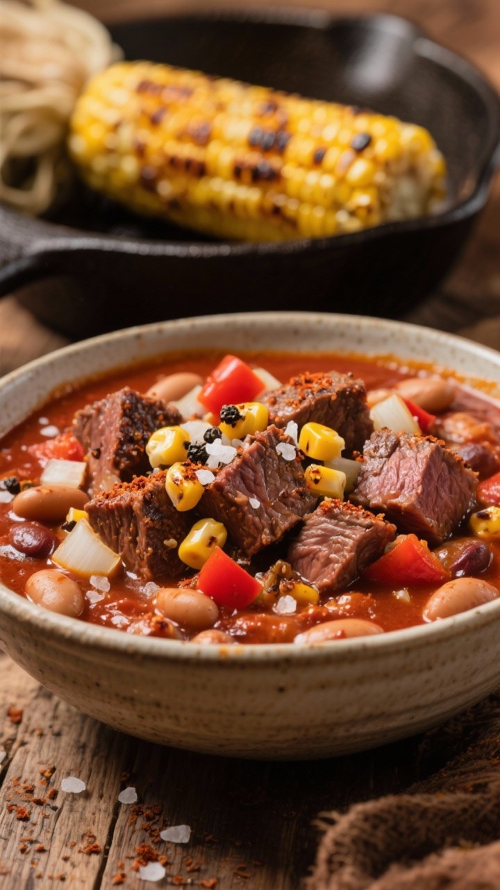 45-degree rustic bowl of Steak & Pinto Cowboy Chili: tender cubes of seared beef chuck with a peppery crust, pinto beans, diced onion and red bell pepper in a robust brick-red sauce, topped with charred corn kernels; coarse black pepper visible, a dusting of kosher salt crystals, and a smoked paprika sprinkle; served with a cast-iron skillet of blistered corn in the background; warm, cowboy-camp feel.