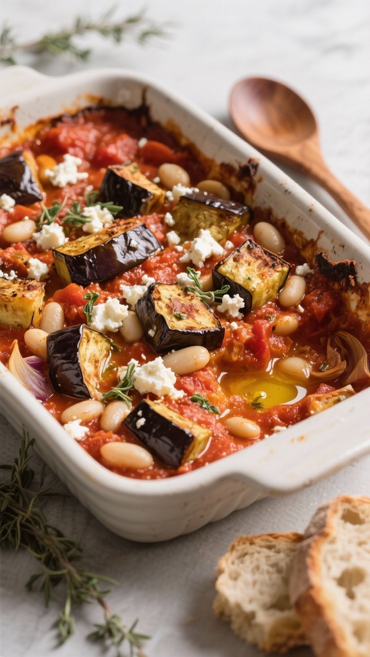 45-degree rustic casserole of Mediterranean Eggplant, White Bean, and Feta Bake: roasted cubes of eggplant nestled in a thick crushed-tomato sauce subtly sweetened with sugar/honey, garlic and onion aromatics, white beans throughout; sprinkled with crumbled feta and oregano, olive oil sheen on top; served with a wooden spoon and torn bread nearby.