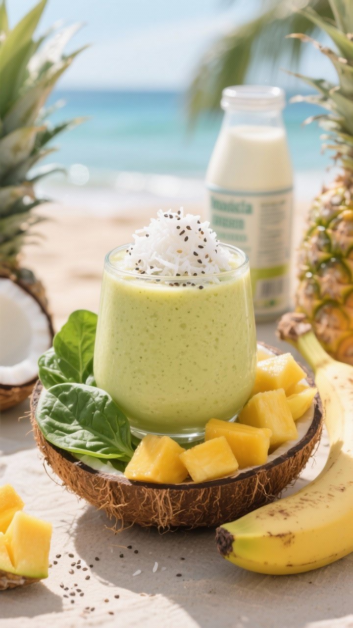 45-degree tropical vibe shot of a Tropical Greens Piña Colada smoothie in a coconut bowl or clear tumbler, pale green-yellow from pineapple, mango, spinach, and coconut; topped with a snowy mound of unsweetened shredded coconut and a sprinkle of chia seeds; styled with pineapple chunks, mango pieces, fresh spinach, half banana, and a can of light coconut milk in the background; sunlit, beachy mood.
