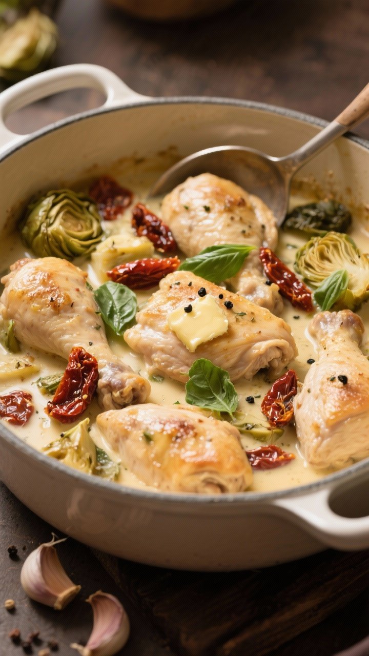 A 45-degree angle shot of one-pot creamy Tuscan chicken: thigh pieces simmered in a pale, luscious sauce with sun-dried tomatoes and artichokes, Italian seasoning and garlic visible; sauce clings to chicken with buttery gloss; served in a wide enameled braiser with a ladle resting; scattered basil and black pepper; cozy, warm lighting for comfort-food appeal.