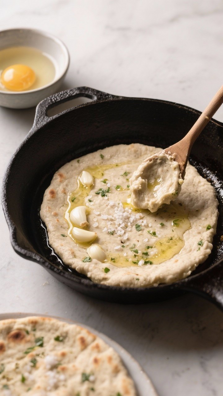 A 45-degree process shot of garlicky almond flour flatbreads cooking in a lightly oiled cast-iron skillet, edges puffing slightly; dough made with almond flour, psyllium husk powder, baking powder, garlic powder, salt, eggs, and warm water; brushed with olive oil and sprinkled with sea salt; include a small bowl of warm water and a wooden spoon coated with dough; quick, weeknight energy.