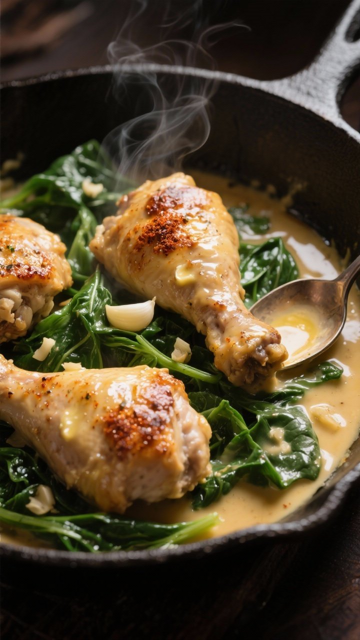 A close-up, 45-degree angle shot of creamy garlic butter chicken thighs nestled in wilted spinach, glistening with a velvety garlic-butter sauce; visible minced garlic, smoked paprika-speckled chicken, and a glossy butter sheen; served in a shallow cast-iron skillet with a spoon trail in the sauce, steam gently rising; warm, moody lighting to emphasize rich golds and deep greens; no people.