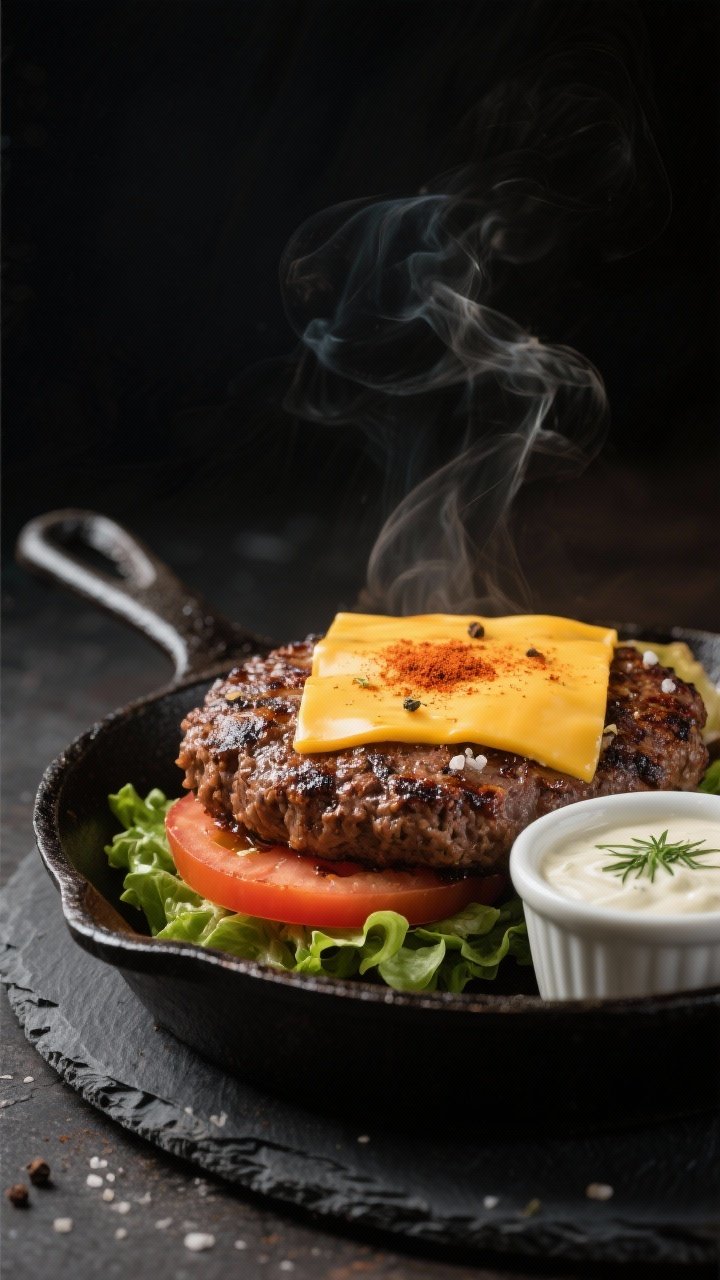 A dramatic close-up, 45-degree angle of smash-style bunless burger patties seared in a cast-iron skillet, deeply browned and craggy from 80/20 beef, seasoned with kosher salt, black pepper, and smoked paprika; topped with melting cheddar slices, served bunless with thick tomato slices and crisp lettuce on a slate plate, a small ramekin of creamy garlic-dill sauce on the side, light steam rising, moody backlight highlighting juices and crust.
