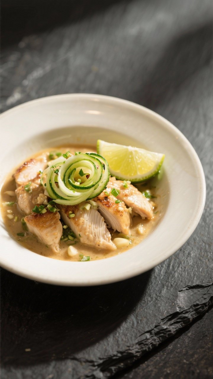 A dynamic 45-degree angle shot of Thai-inspired coconut lime chicken in a shallow bowl: tender seared chicken pieces in a silky coconut-lime sauce with visible minced ginger and garlic, garnished with zucchini ribbons curled on top; lime zest speckles and a wedge on the rim; warm white bowl on a dark stone surface; soft, tropical light for a fresh, aromatic feel.